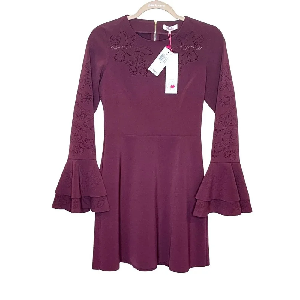 PARKER Orlando Laser Cut Bell Ruffle long Sleeve Dress Raisin Sheath Red 0 New - Picture 2 of 14